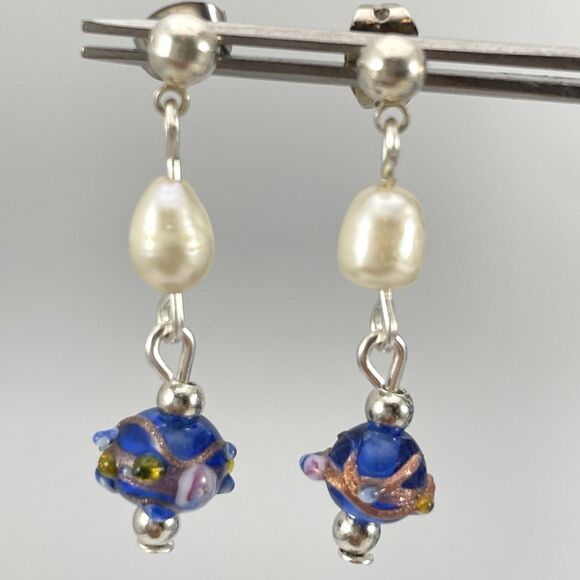 Artisan Handmade Vintage Wedding Cake Murano Venetian Glass Pearl Earrings - Picture 1 of 5